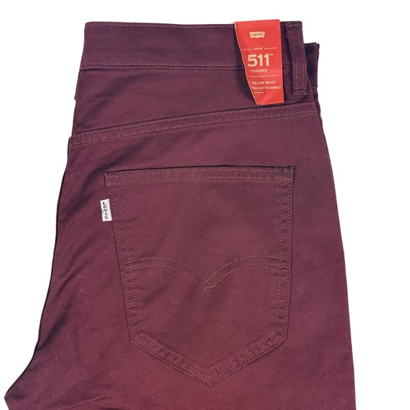 Levi's 511 Slim Trousers Stretch Burgundy Pants Mens Size 32x32 New - Picture 1 of 11